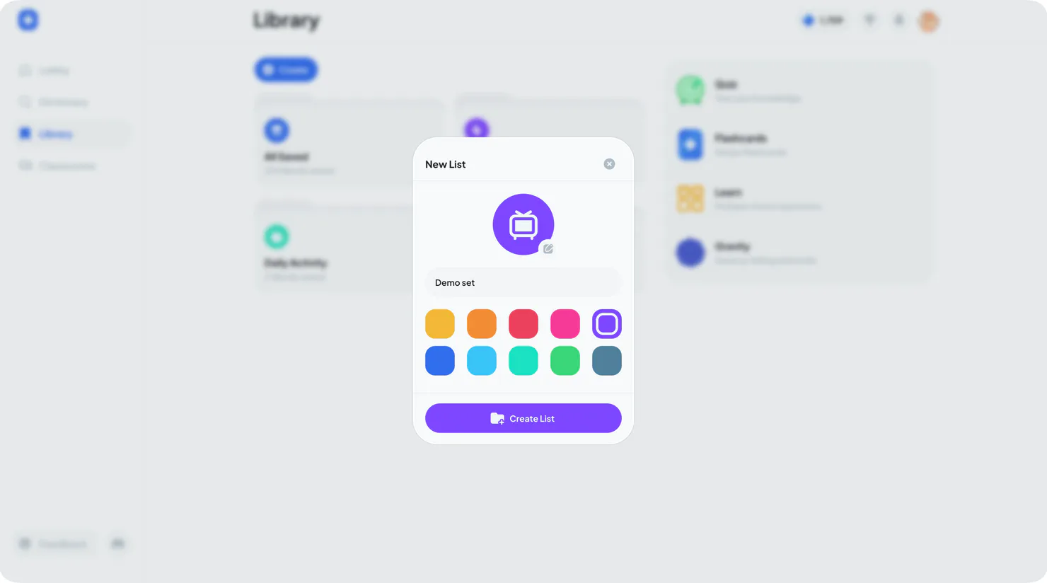 New vocabulary set form with name, icon, and color options