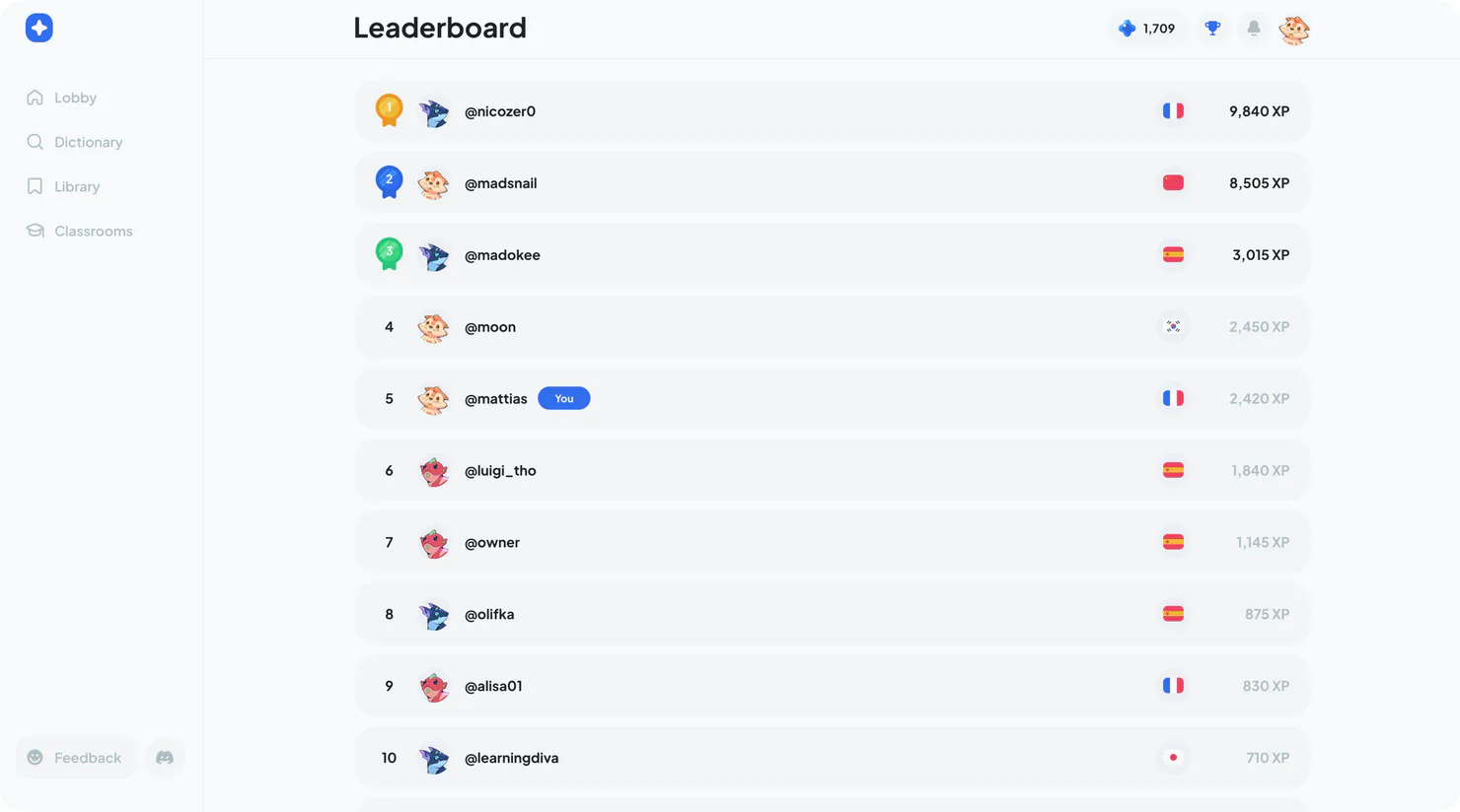 Global student leaderboard ranked by XP