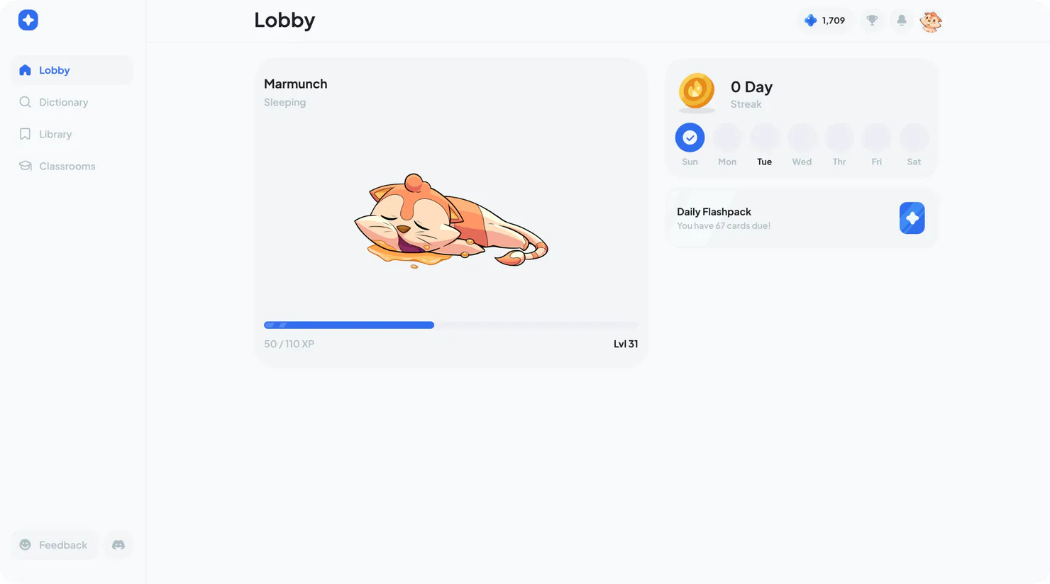Student Lobby showing the selected learning partner, streak, and Daily Flashpack