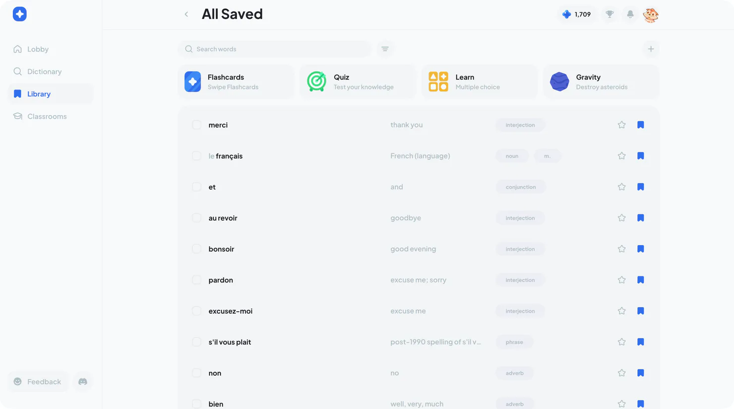 All Saved vocabulary set showing words and study activities