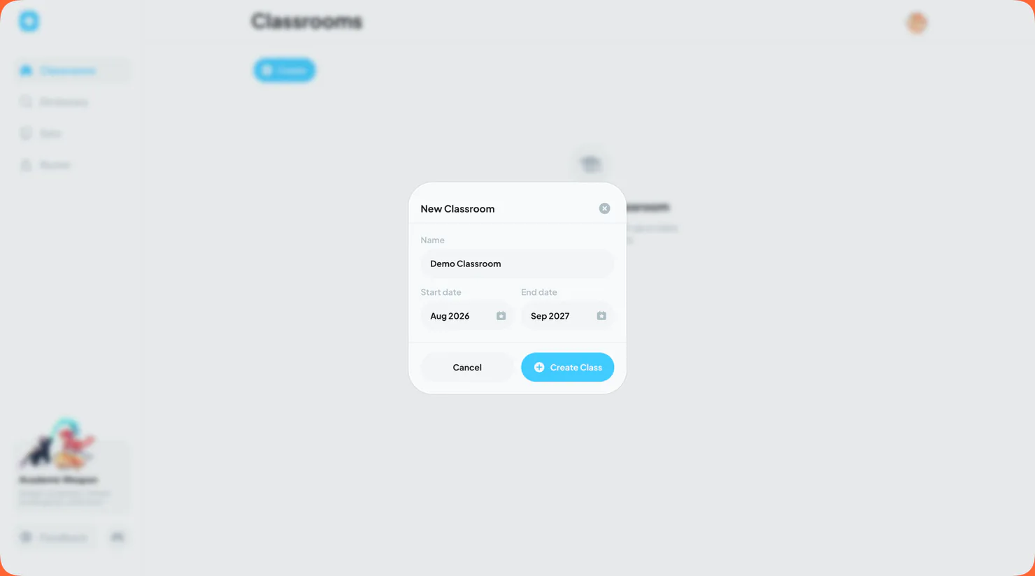 New classroom form with name and class dates