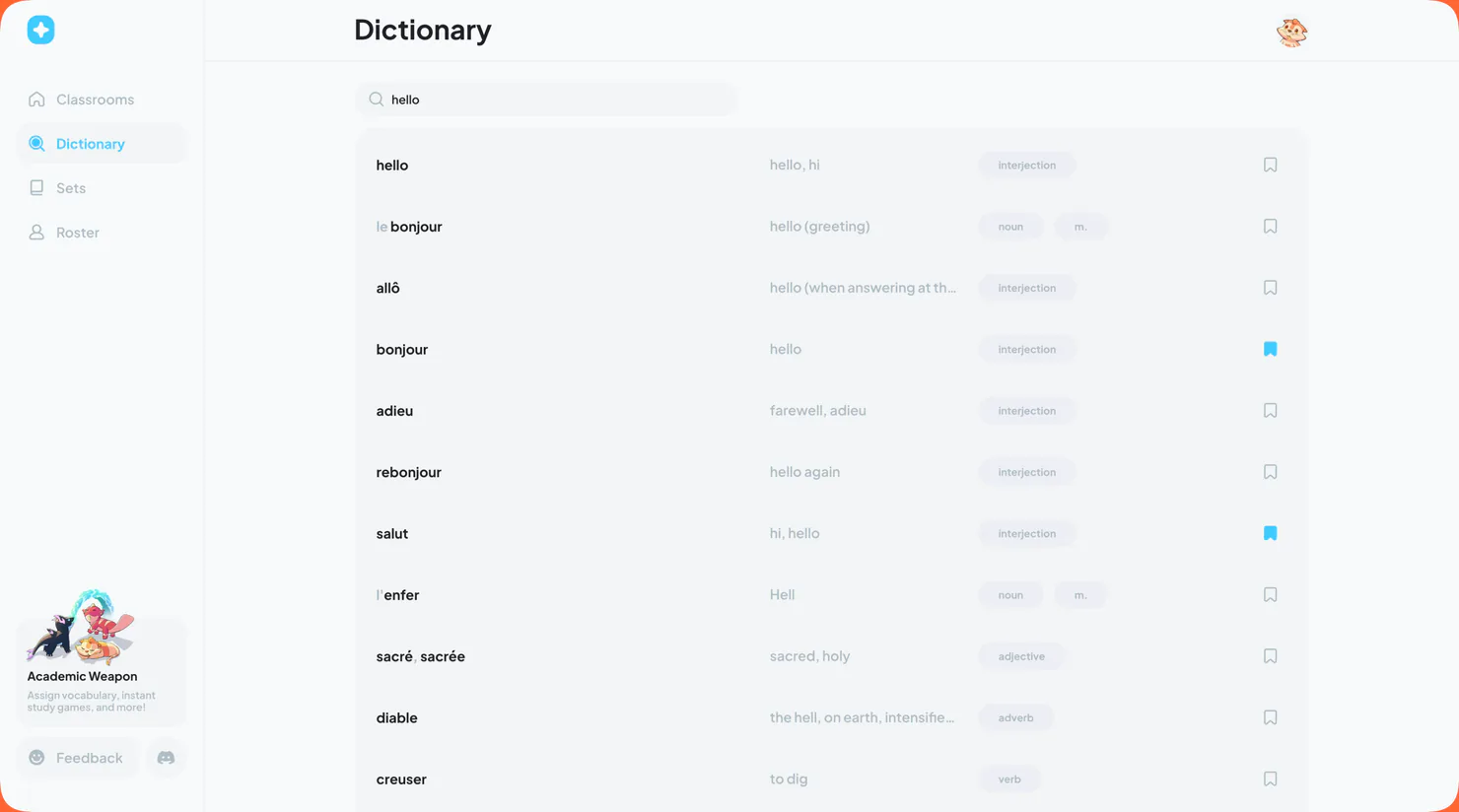 Dictionary search results with words available to save