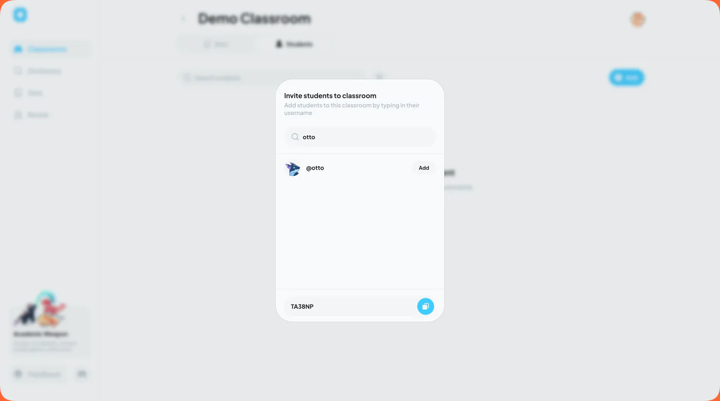 Classroom invitation window with username search and class code
