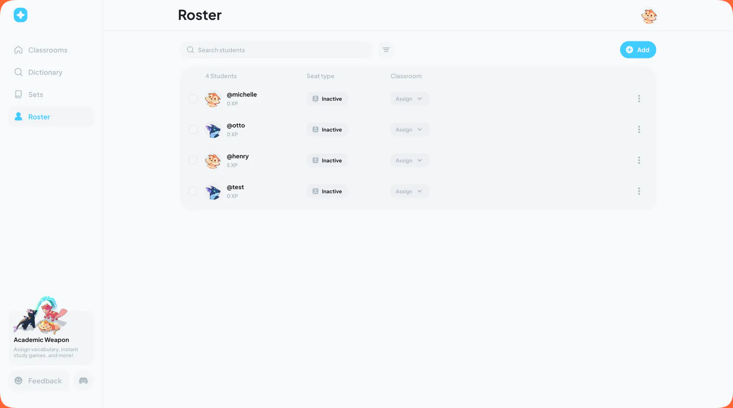 Teacher roster showing students and classroom assignments