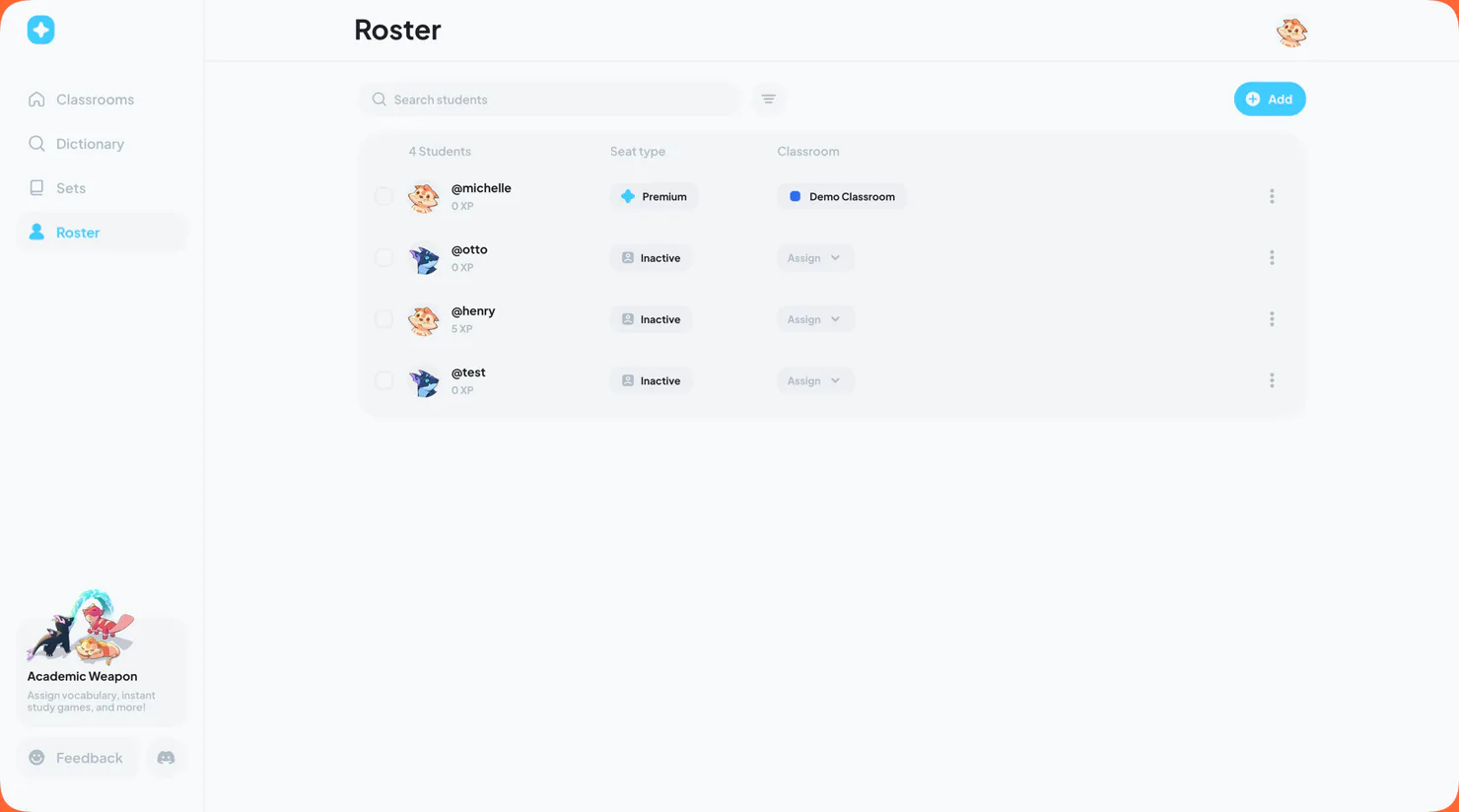Teacher roster showing active and inactive student seat types