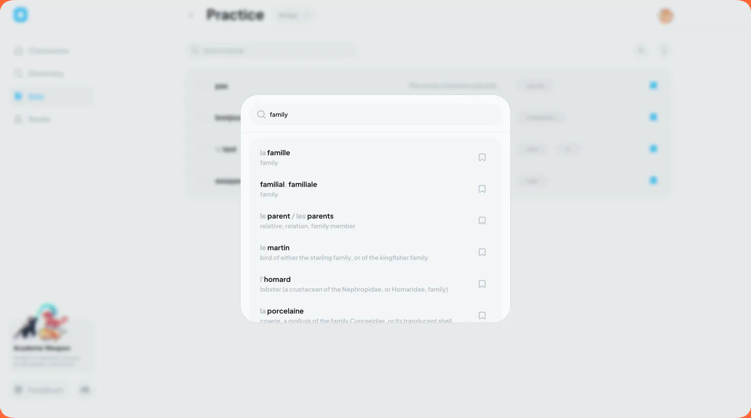 Dictionary pop-up opened from inside a vocabulary set