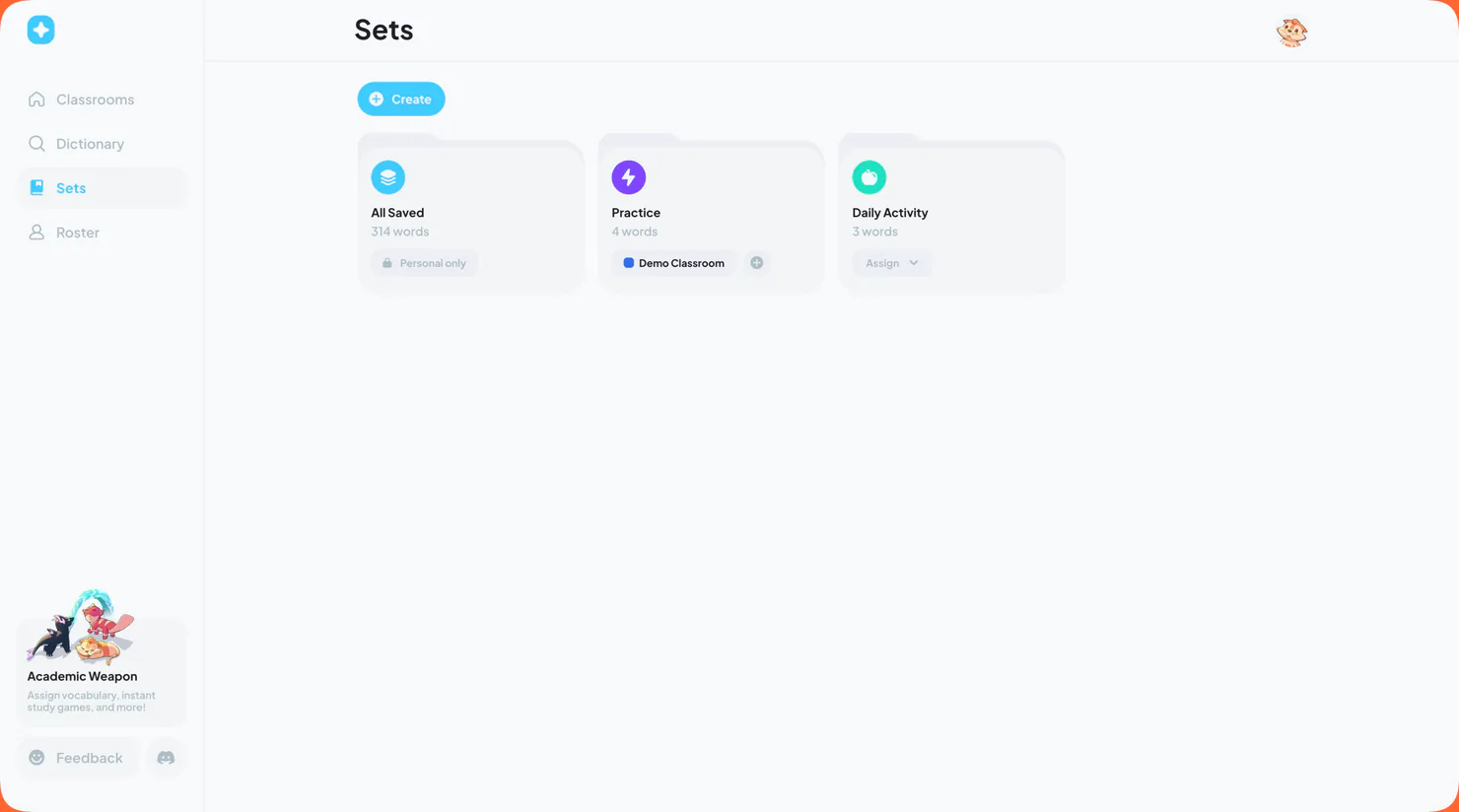 Teacher portal showing reusable vocabulary sets